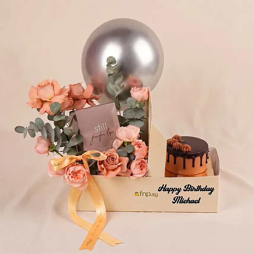 Personalised Gift Box With Perfume, Roses & Cake: Flowers in a Box