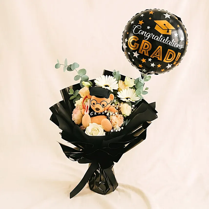 Graduation Bouquet with Teddy & Balloon Surprise: Soft Toys Singapore