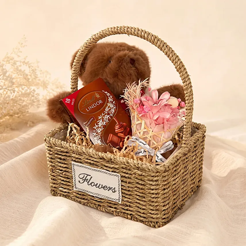 Cuddly Bear with Preserved Bouquet and Chocolate Hamper: Anniversary Gifts