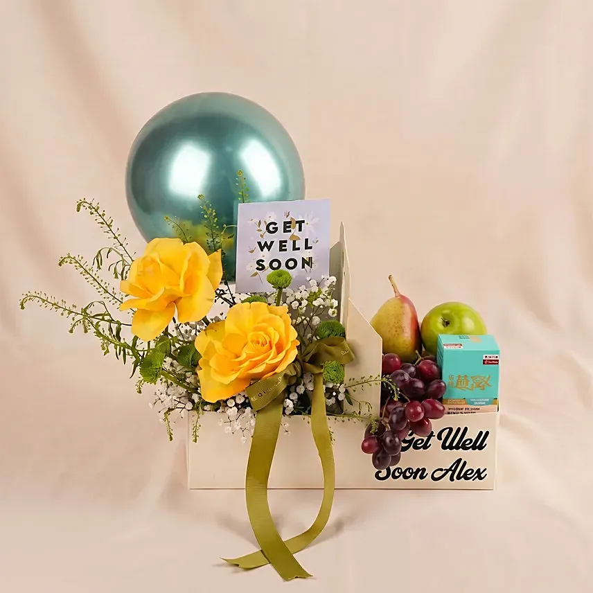 Personalised Get Well Soon Flowers & Fruits Gift Box: Balloons Delivery Singapore