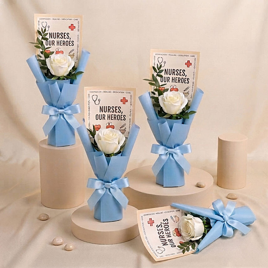 Nurses, Our Heroes - White Rose Mini Bouquet x4: Nurses Day Gifts
