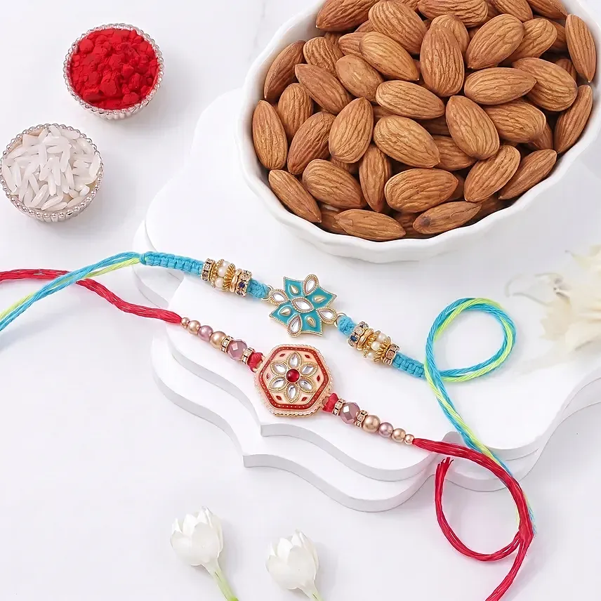 Blue and Red Meenakari Rakhi Set with Almonds: Rakhi Gifts