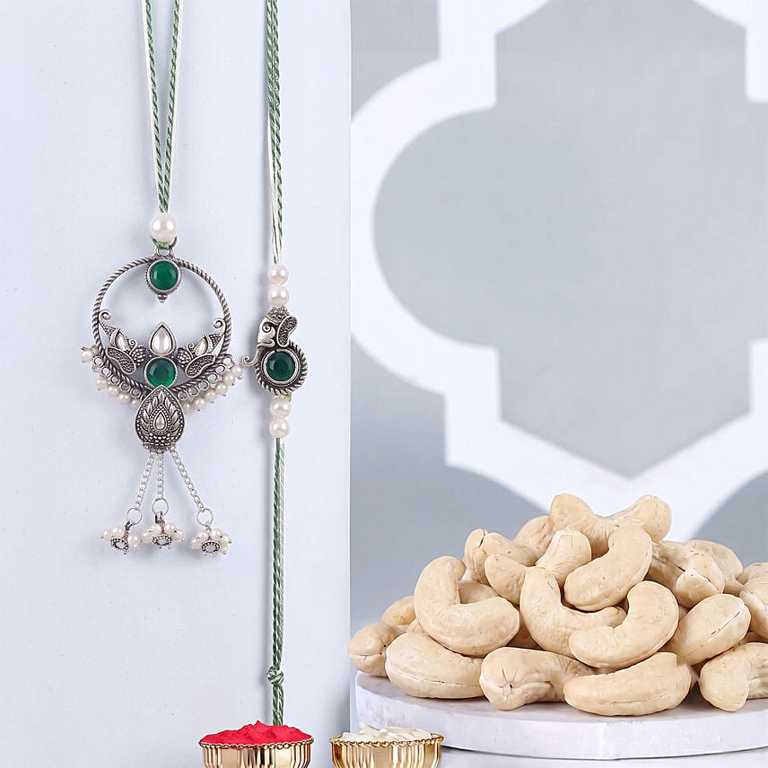 Green Round Bhaiya Bhabhi Rakhi Rakhi with Cashews: Lumba Rakhi
