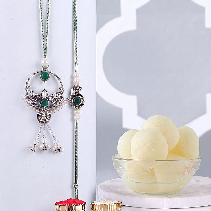 Green Round Bhaiya Bhabhi Rakhi Rakhi with Rasgulla: Lumba Rakhi