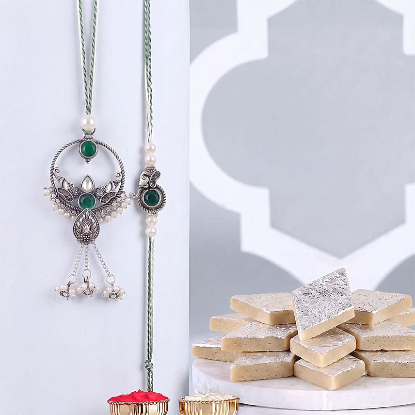 Green Round Bhaiya Bhabhi Rakhi Rakhi with Kaju Katli: Lumba Rakhi
