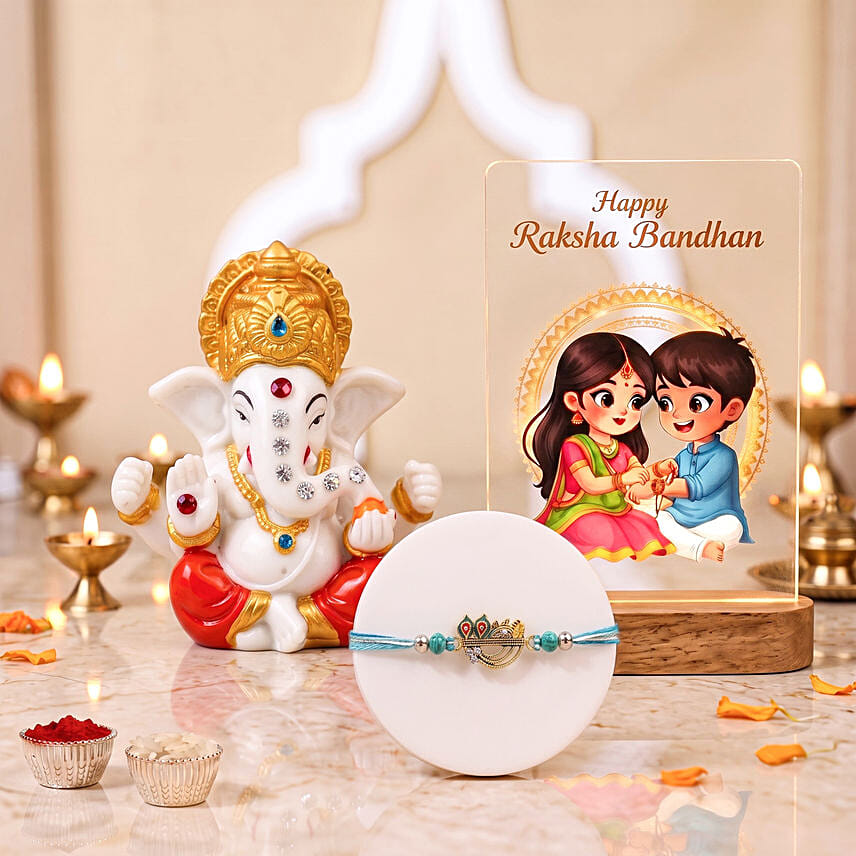 Divine Ganesha Idol and Krishna Rakhi with LED Lamp Gift Set: Rakhi Combos