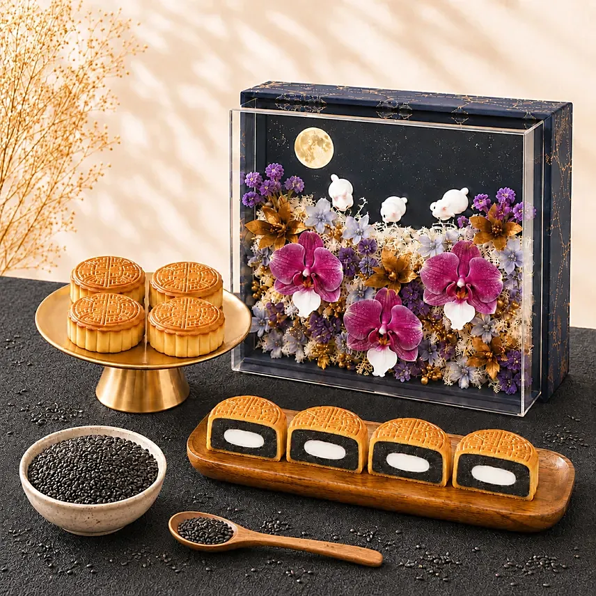 Lunar Blooms and Black Sesame Lotus Mochi Mooncakes: Mooncake Delivery Singapore