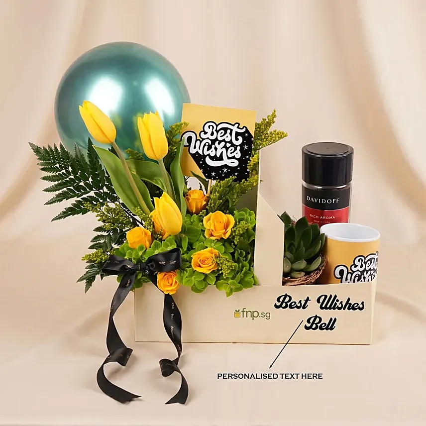 Personalised Best Wishes Flowers & Coffee Gift Box: Plant Combo Gifts