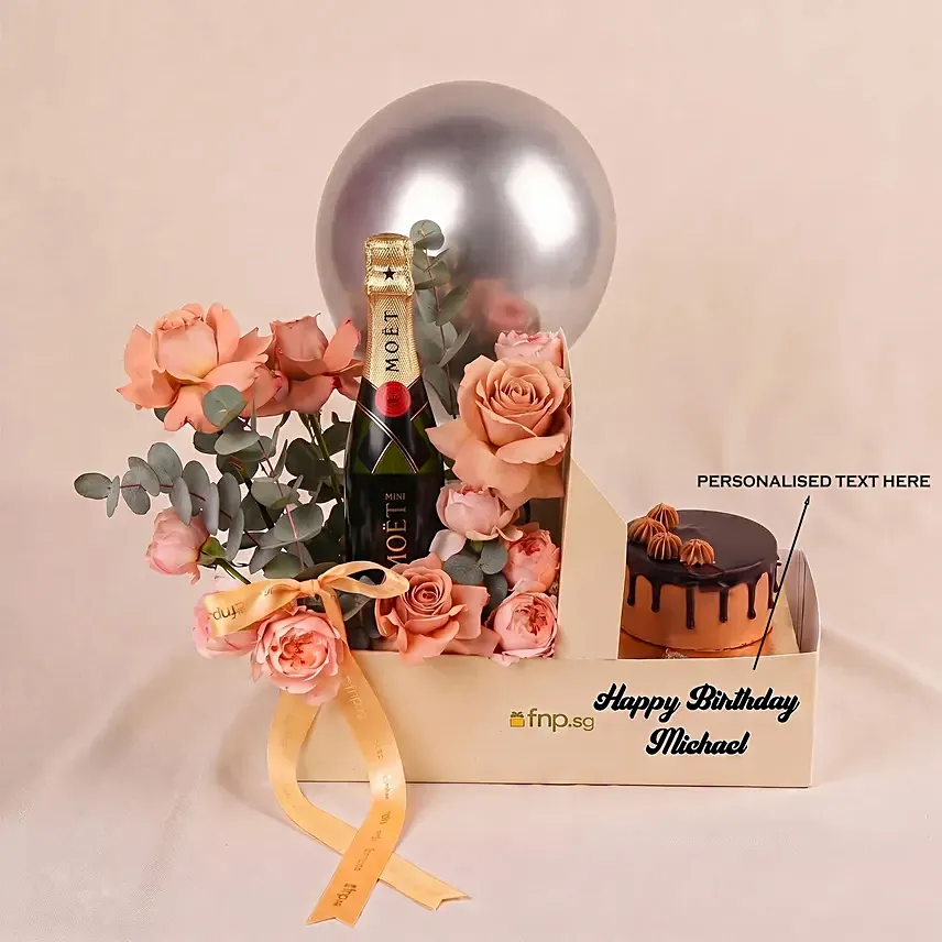 Personalised Gift Box With Wine, Roses & Cake: Cake Delivery Singapore