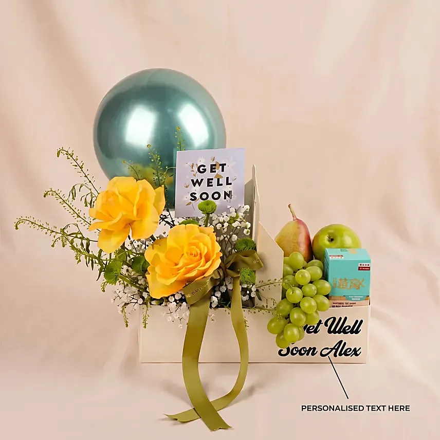 Personalised Get Well Soon Flowers & Fruits Gift Box: Fruit Hampers 