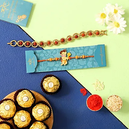 Rudraksha Rakhi & Kids Rakhi With Chocolate: Set Of-2 Rakhi