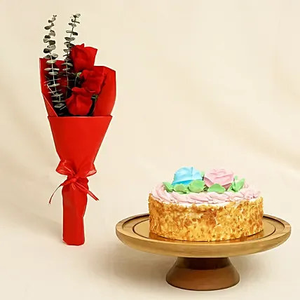 Roses Bouquet With Butter Sponge Cake: Birthday Cake for Girlfriend