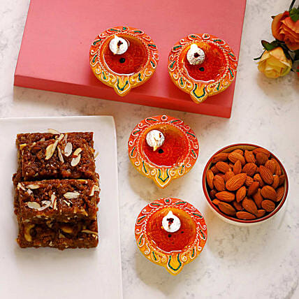 Designer Diyas With Almonds And Dhodha Burfi: Bhai Dooj Gifts