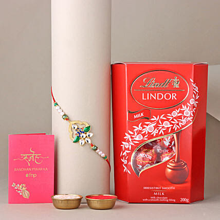 Sneh Designer Stone Rakhi with Lindt Lindor Chocolate Box: Rakhi Gifts