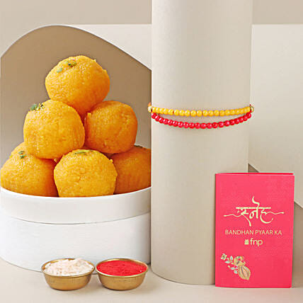 Sneh Red and Yellow Bead with Motichoor Laddoo: Gifts For Bhai Dooj