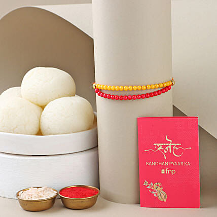 Sneh Red and Yellow Bead Rakhi with Rasgulla: 