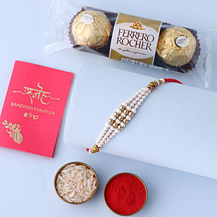Sneh White Pearl Bead Rakhi with Ferrero Rocher: 