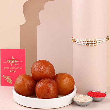 Sneh White Pearl Bead Rakhi with Gulab Jamun: 