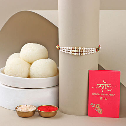 White Pearl Bead Rakhi with Rasgulla: 