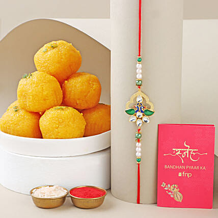 Designer Stone Rakhi with Motichoor Laddoo: Rakhi Gifts