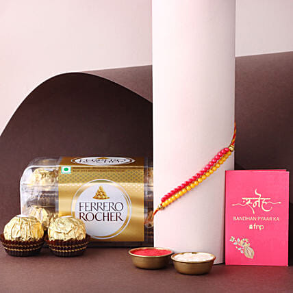 Sneh Red and Yellow Bead and Ferrero Rocher Combo: Gifts For Bhai Dooj