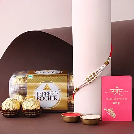 Sneh White Pearl Bead Rakhi and Ferrero Rocher Combo: 