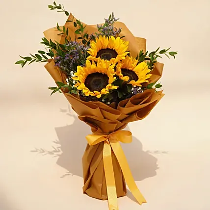 Mesmerising Sunflowers Beautifully Tied Bouquet: One Hour Gifts Delivery - Order Before 10 PM