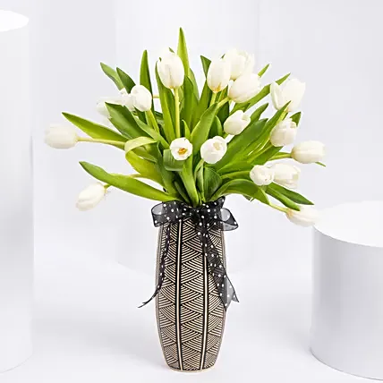 White Tulips in Designer Vase: Women's Day Gifts