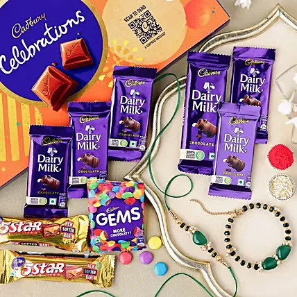 Enchanted Stone Work Lumba Pearl Rakhi Set N Choco Delights: Lumba Rakhi