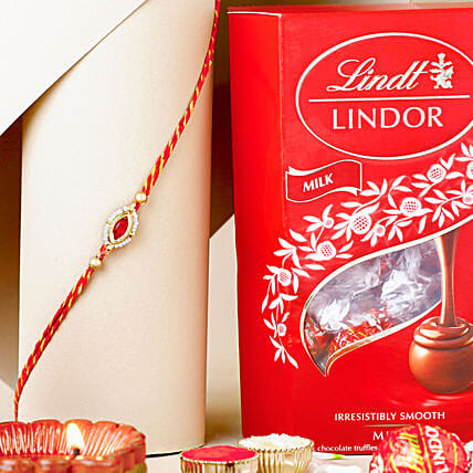 Red Gemstone Mauli N Lindt Chocolate Combo: Single Rakhi