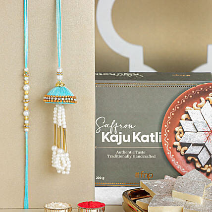 Tranquil Teal Jhumar Bhaiya Bhabhi Pearl Rakhi Set N Kaju Katli Delight: 