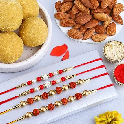Pearls N Rudraksha Rakhi Set with Festive Delights: Rakhi Sets