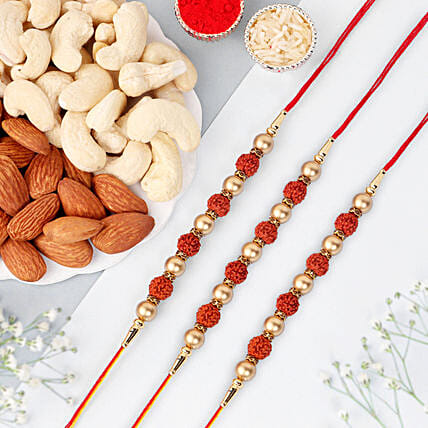 Rudraksha Bliss Rakhi Set of 3 N Nutty Delight: Rakhi With Dryfruits