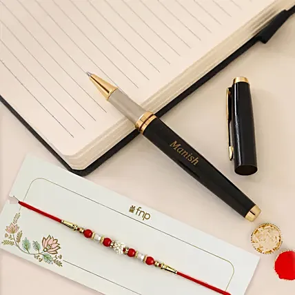 Ethnic Pearl Rakhi & Personalised Name Roller Pen: Single Rakhi
