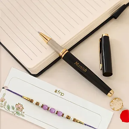 Ethnic Pearl Rakhi & Personalised Roller Pen: 