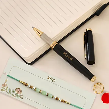 Ethnic Pearl Rakhi with Personalised Name Roller Pen: 