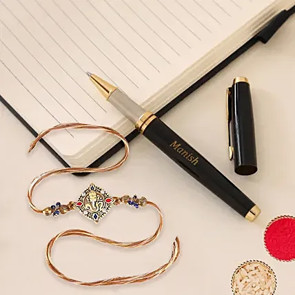 Devotional Ganesha Rakhi with Personalised Name Roller Pen: 