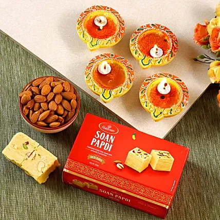 Designer Deepavali Diyas With Almonds And Soan Papdi: Diwali Sweets