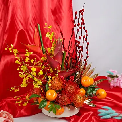 Lunar Year Flowers & Oranges Arrangement: Orange Gift Baskets