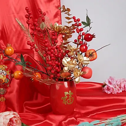CNY Artificial Arrangment in Red Pot: Chinese New Year Flowers