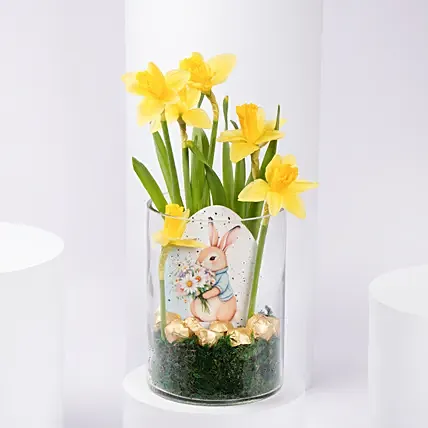 Easter Daffodils and Chocolates vase: Yellow Flowers