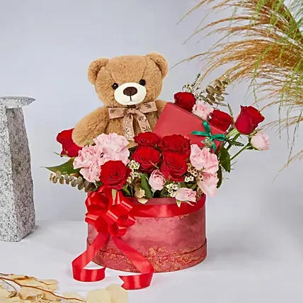 Flowers Teddy and Chocolate Box: Flowers with Teddy Bear