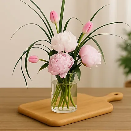 Peony & Tulip Cylindrical Vase: Pink Flowers