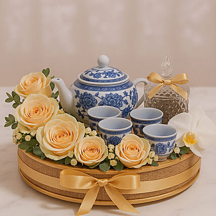Luxury Floral Tea Gift Set with Yellow Roses: Hari Raya Haji Gifts