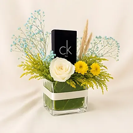 Flowers and CK Be Perfume Bundle Gift For Him: Gifts For Bhai Dooj