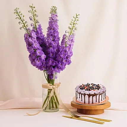 Chocolate Berry Cake With Delphinium Vase: Flowers and Cake Delivery Singapore