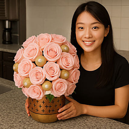 Pink Roses and Rochers Gift Arrangement: Miss You Flowers