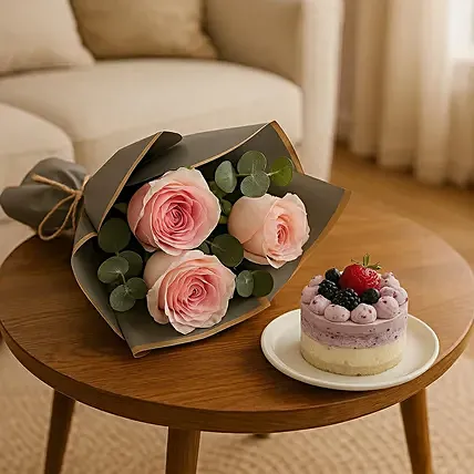 Pink Roses Bouquet and Blueberry Mini Cake Bundle: Cake and Flowers 