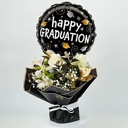 Graduation Flower Arrangement with Printed Balloon: Graduation Gifts