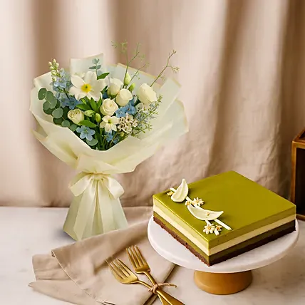 Dubai Chocolate Cake and Floral Expression Bundle: Flowers and Cake Delivery Singapore